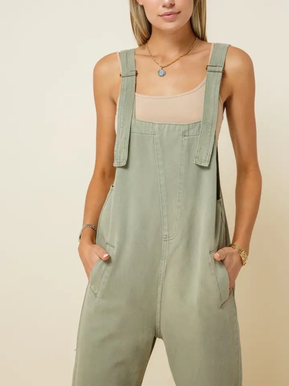 Style Rack Sage Green Denim Overalls Women’s Large L Olive Utility Jumpsuit